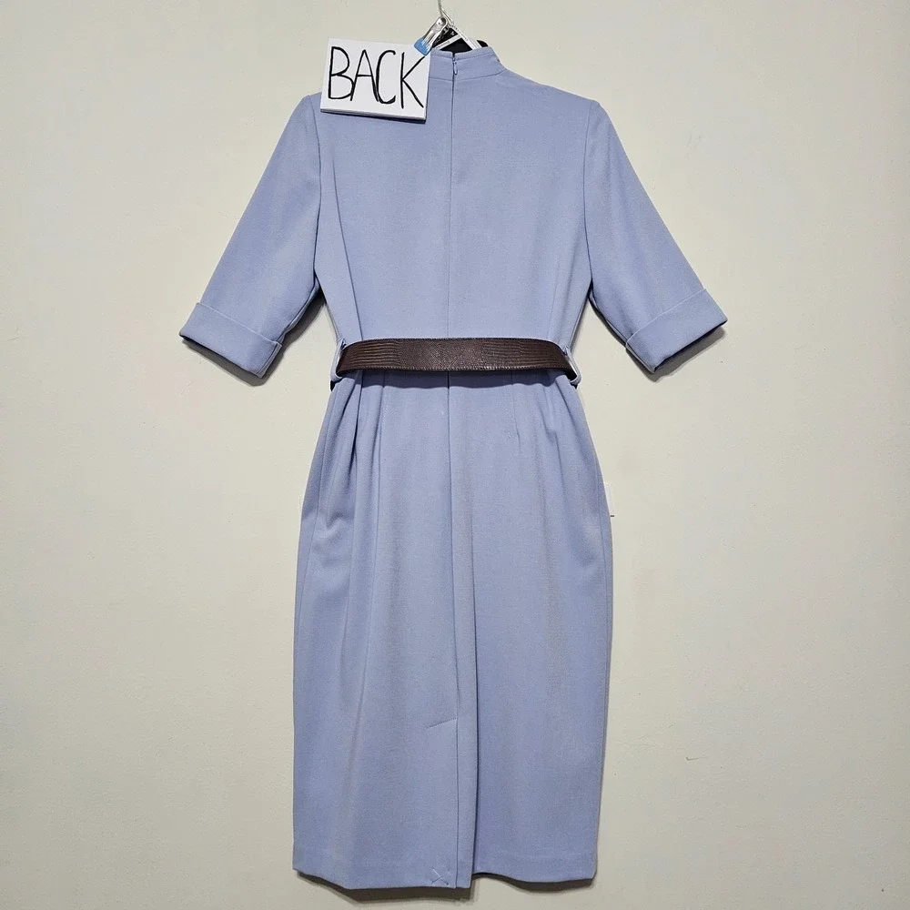 Donna Karan Dress 4 Pastel Blue Sheath Short Sleeves Collar V-neck Belt 0956 - Picture 5 of 9